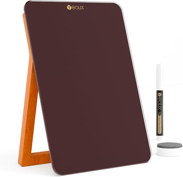Glass Desk Whiteboard with Reversible Wood Stand, Burgundy Red, Small Portable Dry Erase Board for Office, Home, School