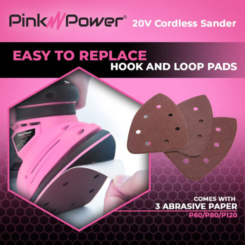 Pink Power Sandpaper for 20V PP204 Cordless Electric Hand Sander, P60/P80/P120 Grit Pads