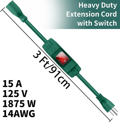 Outdoor Extension Cord with On/Off Waterproof Switch, Heavy Duty 3 Prong Extension Cord, 3 Ft, Green