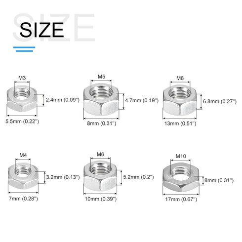 Hex Nuts Assortment Kit (M3-0.5, M4-0.7, M5-0.8, M6-1, M8-1.25, M10-1.5) 210Pcs, 304 Stainless Steel Hexagon Nut Hardware