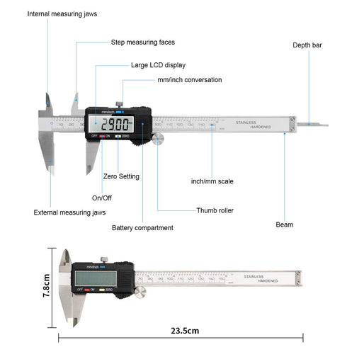 Caliper Measuring Tool, Qfun Vernier Digital Caliper Stainless Steel 6 Inch/150mm Waterproof with Large LCD Screen