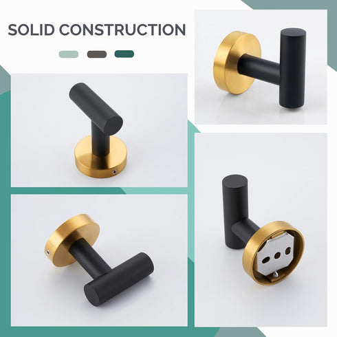 Angle Simple Black & Gold Towel Hook 2 PCS, Stainless Steel Bathroom Robe Holder, Wall Mounted Coat Hand Towel Hanger