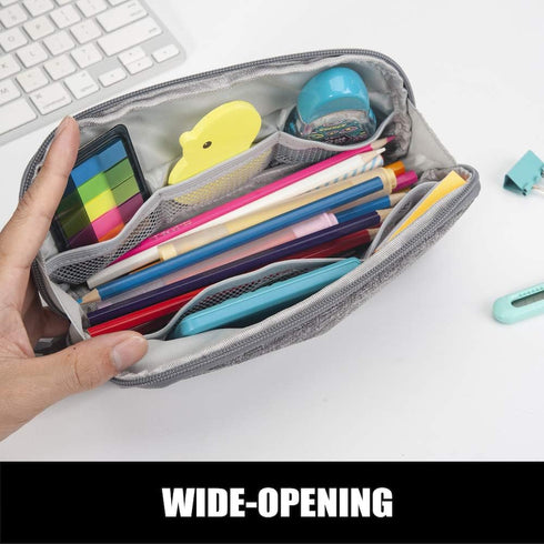 Sooez Wide-Opening Pencil Pen Case - Lightweight & Spacious Pencil Bag Organizer, Aesthetic Supply for Adults, Grey