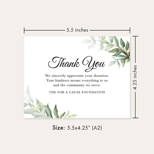 5.5x4.25 Personalized Greenery Donation Thank You Cards with Envelopes, Flat Thank You For Your Donation Notecards
