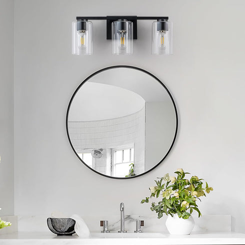 3 E26 WILON Vanity Light Bathroom, Light Black Modern Vanity Lights with Clear Glass Wall Sconces with Clear Glass