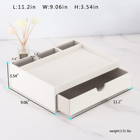 Leather Desk Organizer with Drawers, Home Cosmetics Organizer, Phone Remote Organizer, White