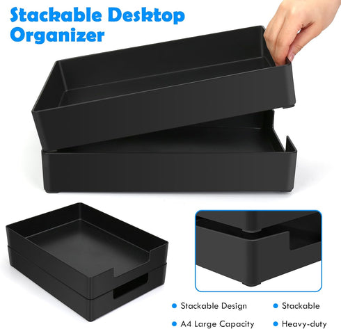 Letter-Size Tray, 2PCS Plastic Stackable A4 Paper Tray, Multi-use Large Storage Basket for Office Home Supplies, 13 x