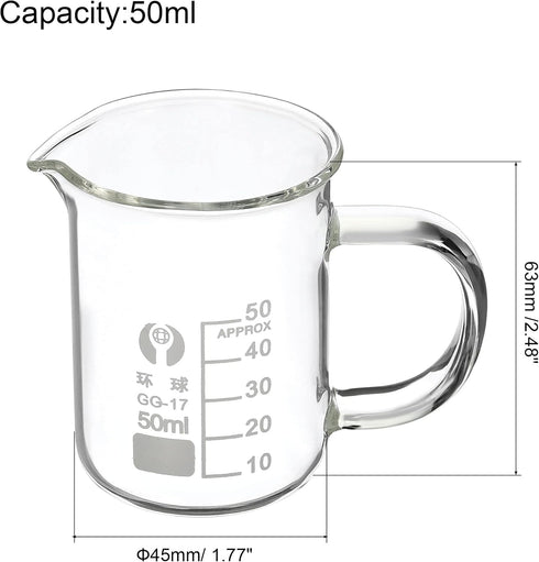 PATIKIL 50ml Glass Beaker with Handle, 3.3 Borosilicate Glass Graduated Printed Scale Measuring Cups with Spout for Kitchen Lab Liquids Transit Boiling