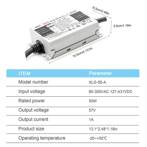 DineDeck XLG-50-A 50W 22-54V IP67 90-305VAC Constant Power LED Driver - Waterproof for Indoor/Outdoor Lighting