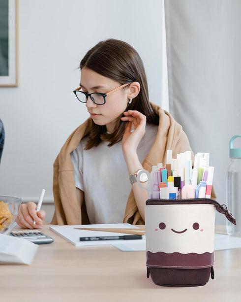 Sooez Kawaii Stand Up Pencil Case, Spacious Telescopic Pouch for School & Office Supplies - Brown Coffee