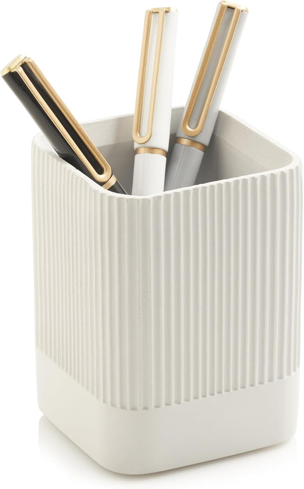 KIBAGA Aesthetic Desk Pen Holder - Modern Concrete Pencil Holder, Cute Functional Desk Organizer for Office Supplies,