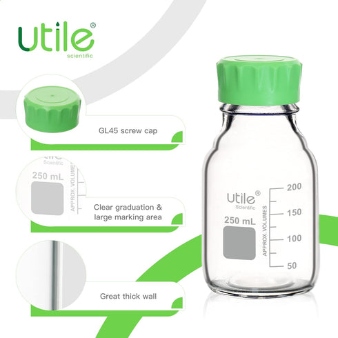 Utile Media Bottle, 3.3 Borosilicate Glass Storage Bottles with GL45 Screw Caps, 4pcs of 250ml Lab Bottles