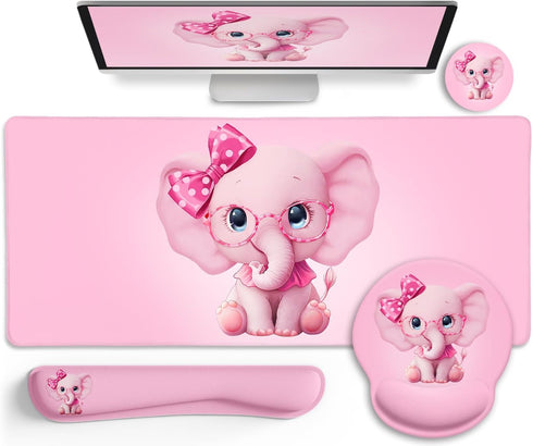 Elephant Mouse Pad Desk Mat Set, Kawaii Gaming Ergonomic Mouse Pad with Wrist Support for Office Supplies