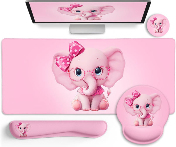 Elephant Mouse Pad Desk Mat Set, Kawaii Gaming Ergonomic Mouse Pad with Wrist Support for Office Supplies