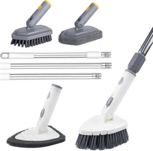 ITTAHO Tile Tub Scrubber Brush with 4 Cleaning Heads,59" Long Handle Stiff