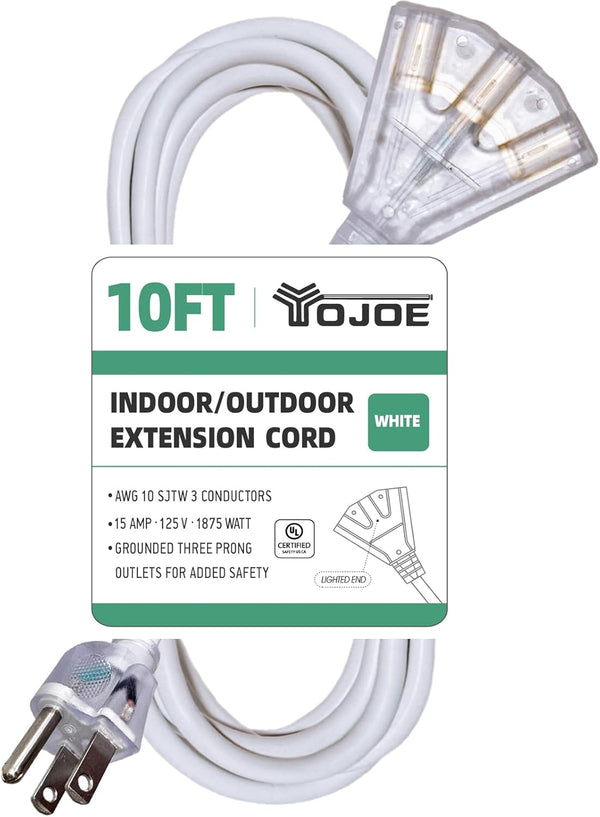 YOJOE White 10/3 10 ft Outdoor Extension Cord with 3 Prong Multiple Outlets, Waterproof for Decorations