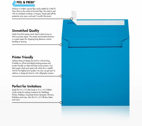 LUXPaper Square Invitation Envelopes, 6" x 6", Pool Blue, 80lb. Text, 50 Qty, Peel & Press
