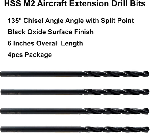 MAXTOOL 5/32"x6" 4pcs Identical HSS M2 Extra Long Aircraft Extension Drills, Deep Twist Drill Bits, Straight Shank