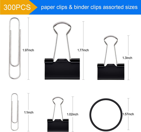 Sopito 300pcs Binder Clips Paper Clips Set with Rubber Bands for Office and School Supplies, Assorted Sizes