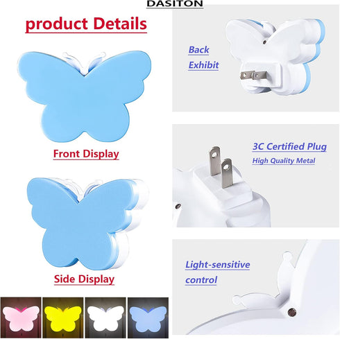 (2 DASITON White Butterfly Night Light Plug Into Wall, Auto Dusk to Dawn Smart Sensor Night Light, Suitable for Living