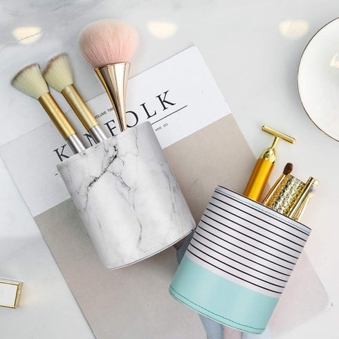 WAVEYU Pen Holder, Cute Multi-Purpose Desk Organizer, Luxury Leather Makeup Brush Holder, Mint Green Stripes