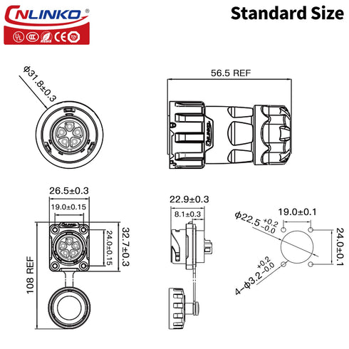CNLINKO YM-20 5 PIN Waterproof Connector, IP68 Circular Quick Plugging Aviation Connector, PBT Plastic Shell