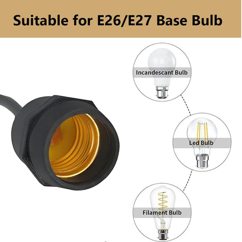 E26 Commercial (45cm Base Hanging Sockets,TWDRTDD Dropped Black Rubber Weatherproof Cord Light Sockets