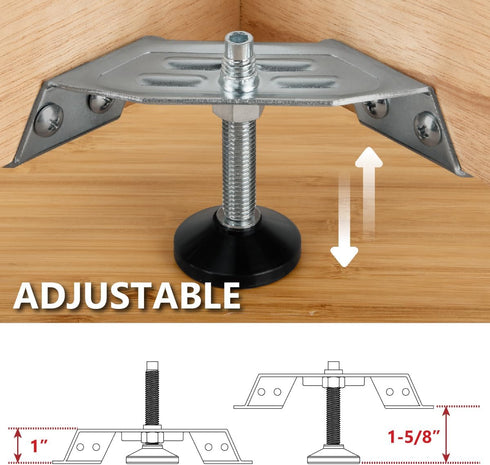 4PK, (71157E) POWERTEC Corner Leveling Feet Heavy Duty Adjustable Corner Bracket Levelers with Nylon Foot for Cabinets
