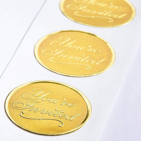 PaperDirect Gold You're Invited Round Embossed Foil Seals, 48 Count