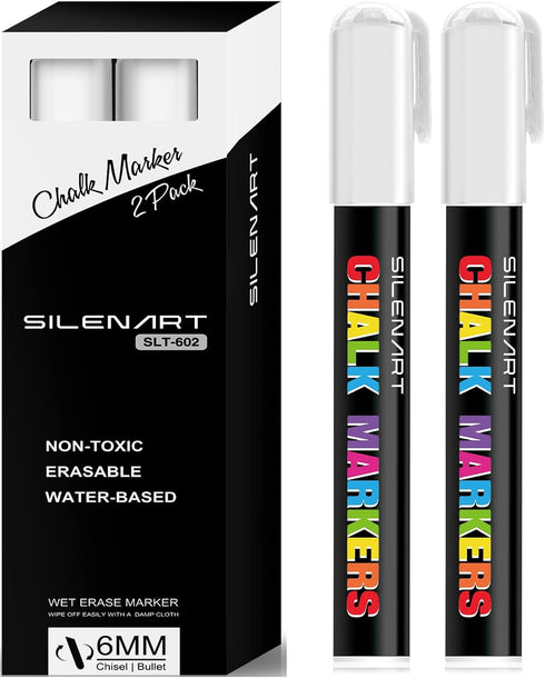 White Liquid Chalk Markers - 3-6mm Chisel Tip, 3mm Fine Tip, for Chalkboard Signs, Windows, Blackboard