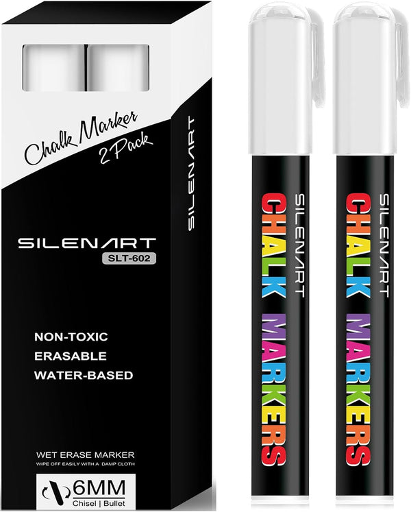 White Liquid Chalk Markers - 3-6mm Chisel Tip, 3mm Fine Tip, for Chalkboard Signs, Windows, Blackboard