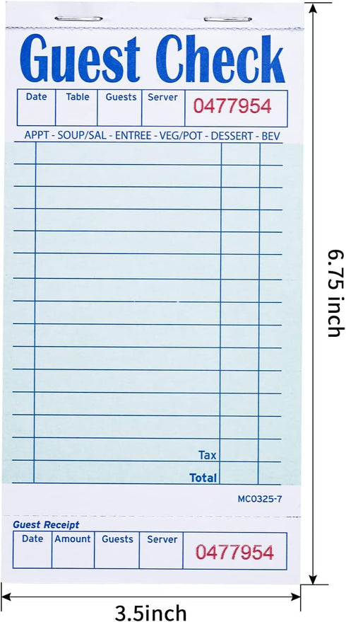 Batrical 300 (6 3.5" 6.75" Guest Checks Server Note Pads Sheets Waitress Notepad for Restaurants Books) x Per Ticket