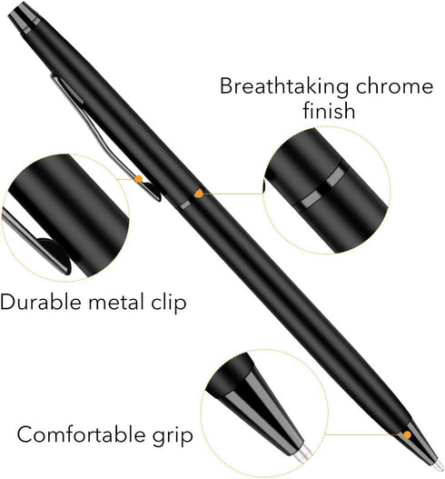 Unibene Slim Metallic Retractable Ballpoint Pens, 6 Pack, Matte Black, Medium Point (1 mm) for Office Students