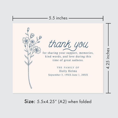 5.5x4.25 (A2) Folded Funeral Thank You Cards, Simple Blue Wildflower Personalized Sympathy Thank You Cards