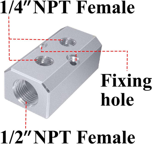 Beduan 2 Way 4 Port Aluminum Air Hose Inline Manifold Block Splitter, 1/2"NPT Input, 1/4"NPT Output, Pneumatic Fitting