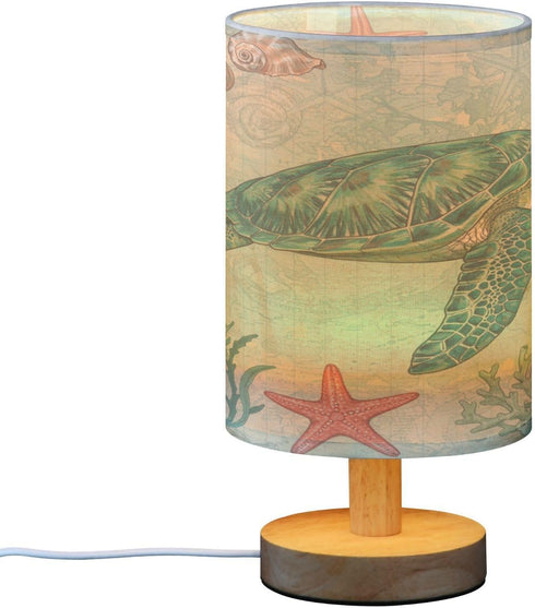 ALAZA Bedside Table Lamp for Bedroom Coastal Sea Turtle Nightstand LED Light Lamps with USB Port Linen Fabric Shade