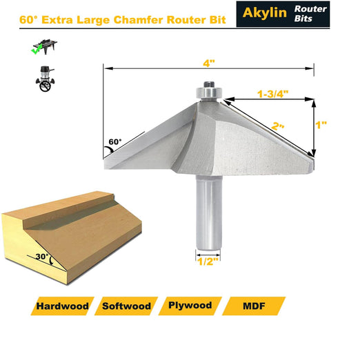 60 Bit,1/2" Shank,1-3/4" Depth,1" Degree Extra Large Chamfer Router Cutting Cutting Length Horse Nose Bevel Bits,Eased