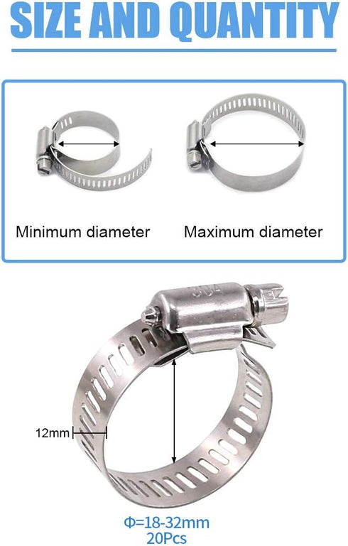 Glarks 20Pcs Adjustable Worm Gear Hose Clamps Assortment Kit, 304 Stainless Steel, 18-32MM Range for Plumbing