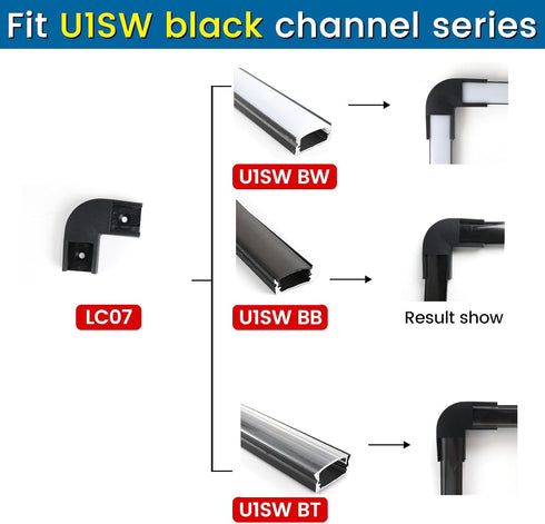 Muzata 8PACK Black LED Channel Corner Connector Kit L-Shape for U1SW U Shape Black LED Channels System, 90 Degree Adaptor, LC08