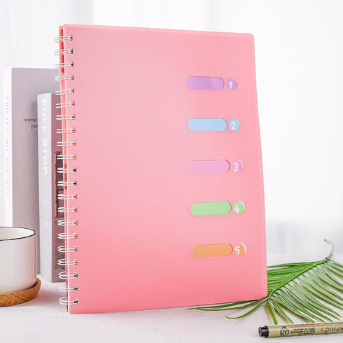 College Ruled Notebook A4, Pink Spiral Notebook with Dividers, 5 Subject Hardcover Notebook for School Note Taking