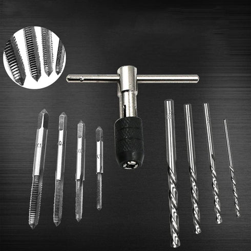 9 Pcs Adjustable T-Handle Ratchet Tap Holder Wrench Set, Metric Tap Drill Set with 4 Pcs Taps