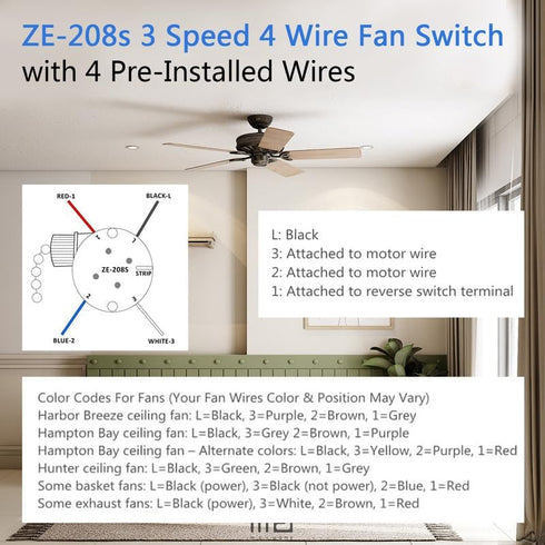 ZE-208s Ceiling Fan Switch - E89885 3 Speed 4 Wire Replacement Part, Pull Chain Speed Control Switch (Brass), 2 PCS