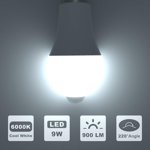ORALUCE Motion Sensor Light Bulbs Indoor Outdoor 60 Watt Equivalent, A19 E26 9W Motion Activated LED Bulb 6000K Cool