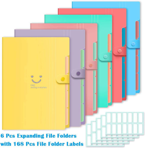 Selizo 6 Pcs Expanding File Folder with 5 Pockets Organizer Plastic A4 Size and 168 Pcs File Folder Labels for School Teacher and Office by selizo