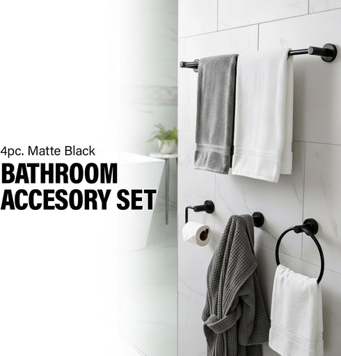 4-Piece Set, 24-Inch HIGHCRAFT Bathroom Accessory Matte Black Towel Bar, Towel Ring, Robe Hook & Toilet Paper Holder