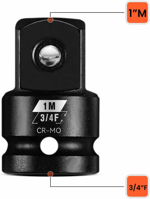 3/4 F to 1 M Impact Socket Adapter, Cr-Mo Steel, Square Drive Reducer for Impact Driver Wrench Exceeds ANSI Standards.