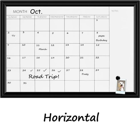 Dry Erase White Board & Monthly Calendar Board, Magnetic Whiteboard for Wall, Office/School/Home, Black Wood Frame