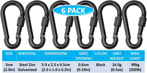 Black & Silver Heavy Duty Bushcraft Locking Thumb Screw Closure - Zinc-Galvanized Steel Carabiner Spring Snap