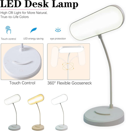 TUUWAI Dimmable, 3 Desk Lamp, Eye-Caring LED for Students, Touch Color Modes, USB-C Rechargeable, Flexible Gooseneck