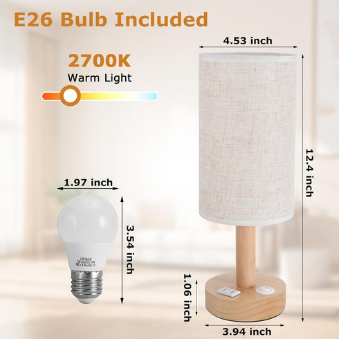 Cozy Small Bedside Table Lamp with AC Outlet, Natural Wood Base & Linen Shade, Mini Cute Warm White Nightstand Boho